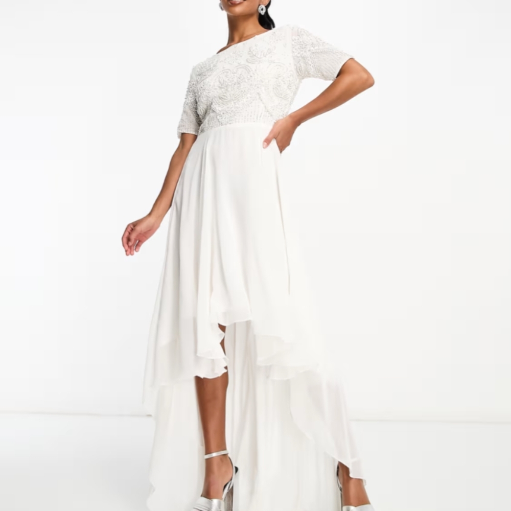 Simple classic beaded prom, wedding, or rehearsal dinner dress